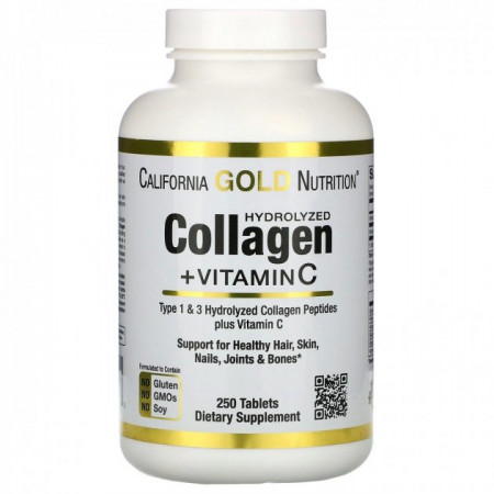 Гідролізований колаген California Gold Nutrition Hydrolyzed Collagen Peptides + Vitamin C, 250 таблеток